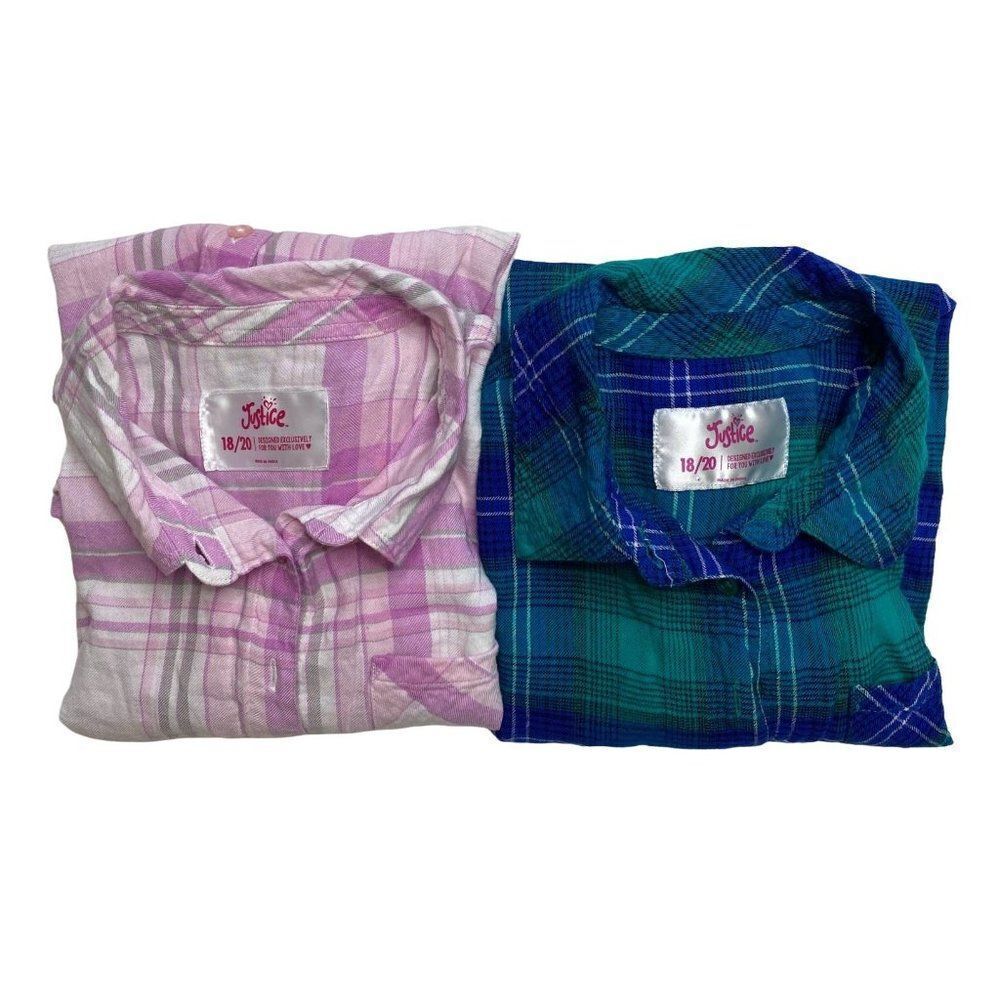2 Ct Justice Girls Plaid Button‎ Down Tops Pink White  & Green Blue Sz 18 20